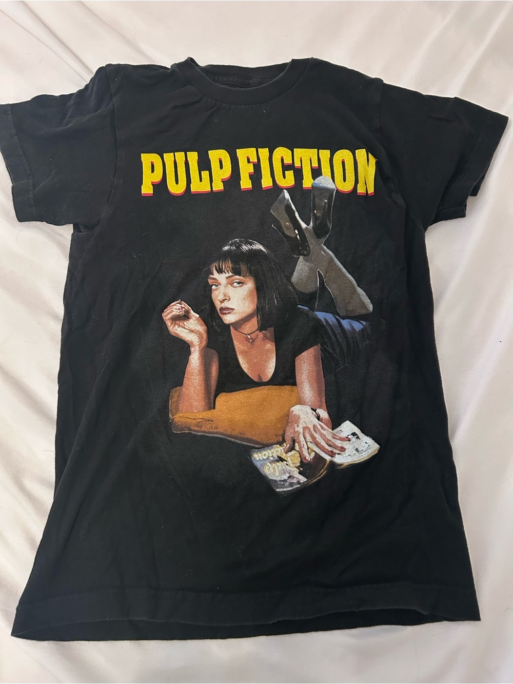 Vintage Black Pulp Fiction Graphic Tee with Yellow Logo
